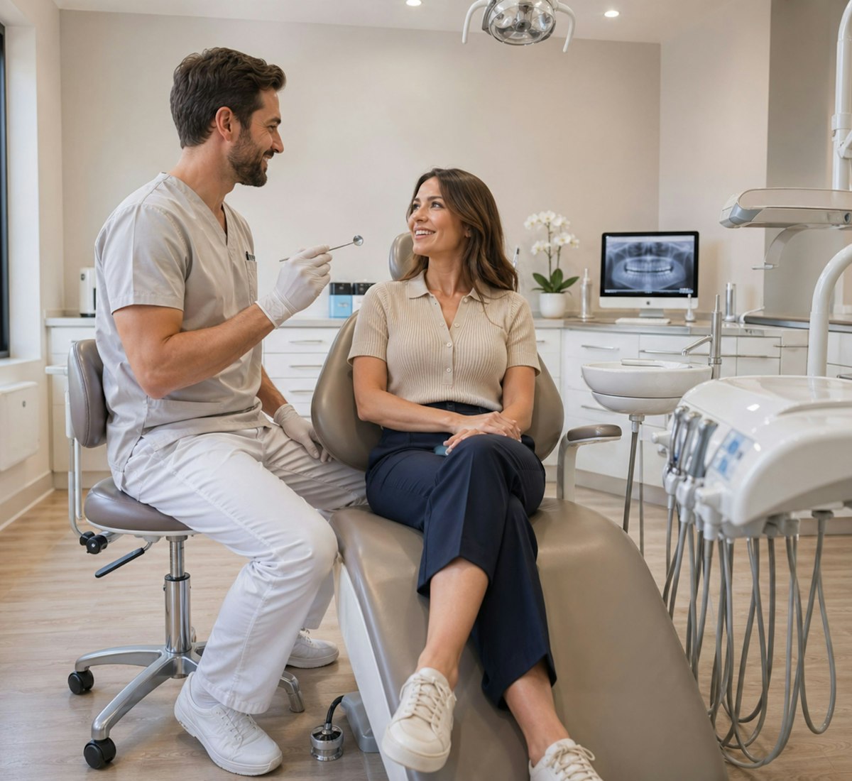 Dentista conversant amb una pacient asseguda a la cadira d’una consulta dental